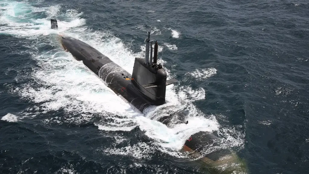 INS Kalvari, the first Scorpene-class submarine, sailing at sea