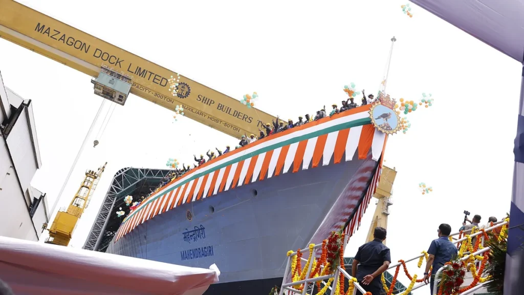 A frigate being launched at Mazagon Dock Shipbuilders in Mumbai