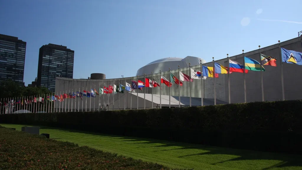 Member-state flags in front of the UN General Assembly building in New York