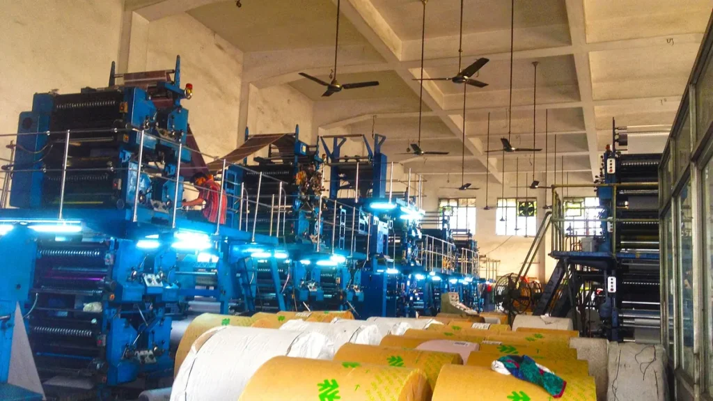 Offset printing machines at a newspaper press in Bhubaneswar, Odisha