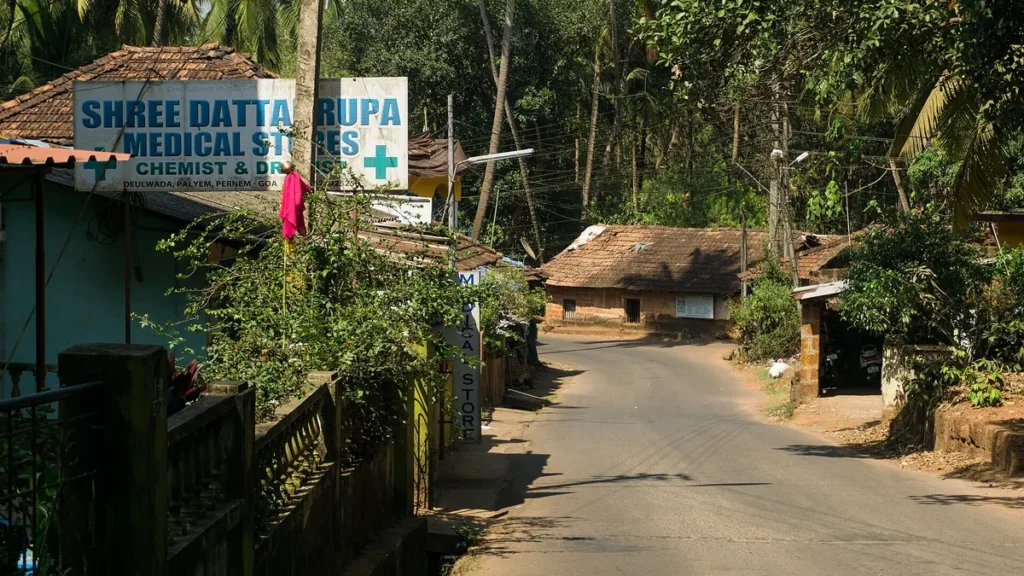A medical store on a village road in Paliem, North Goa
