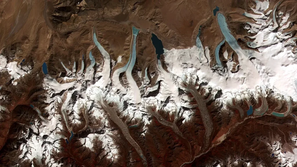 Satellite image of glaciers ending in glacial lakes in the Bhutan Himalaya