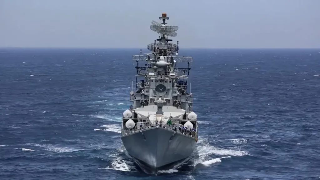 Indian Navy destroyer INS Ranvijay at sea during an exercise