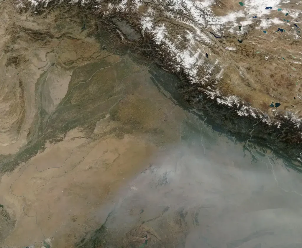 NASA satellite image of crop-residue fires and smoke over Punjab and north India, October 2020