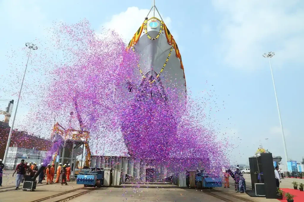 A warship being launched at Garden Reach Shipbuilders and Engineers (GRSE), Kolkata