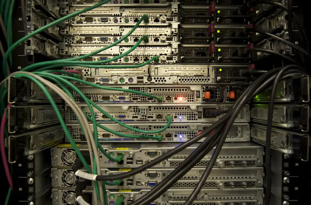 Servers and network cables in a data-centre rack