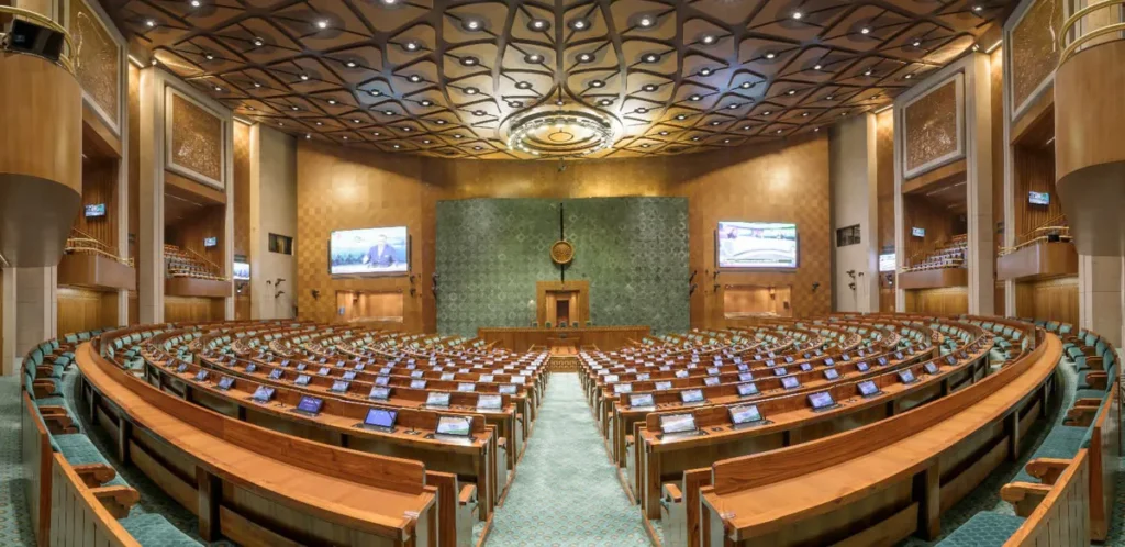 View of Lok Sabha chamber in the New Parliament building, New Delhi