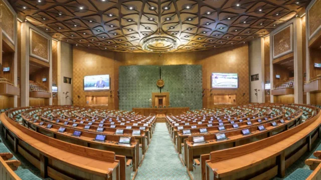 View of Lok Sabha chamber in the New Parliament building, New Delhi