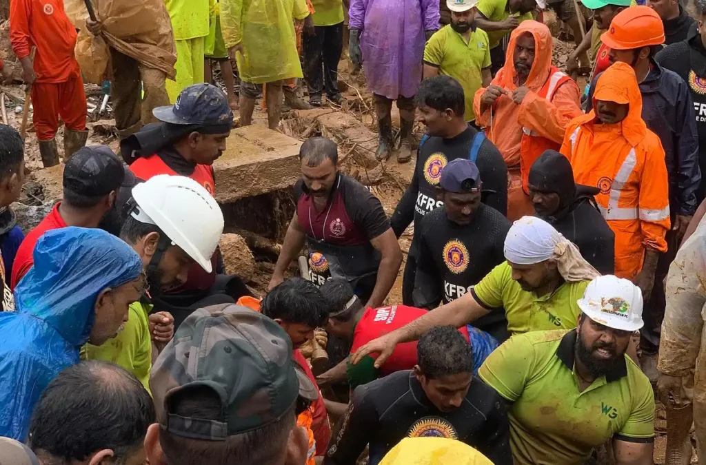 Rescue workers at the Wayanad landslide site, Kerala, 2024