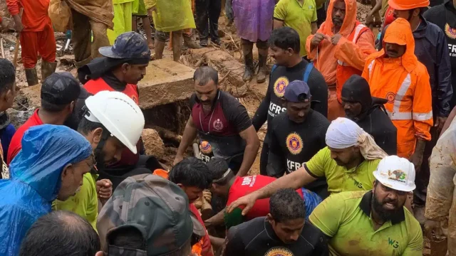 Rescue workers at the Wayanad landslide site, Kerala, 2024