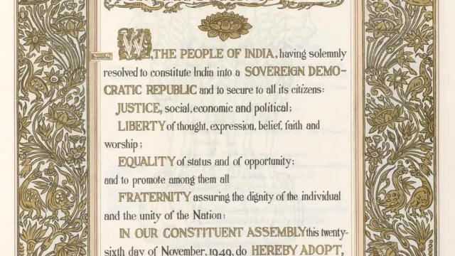 The original hand-illuminated Preamble page of the Constitution of India
