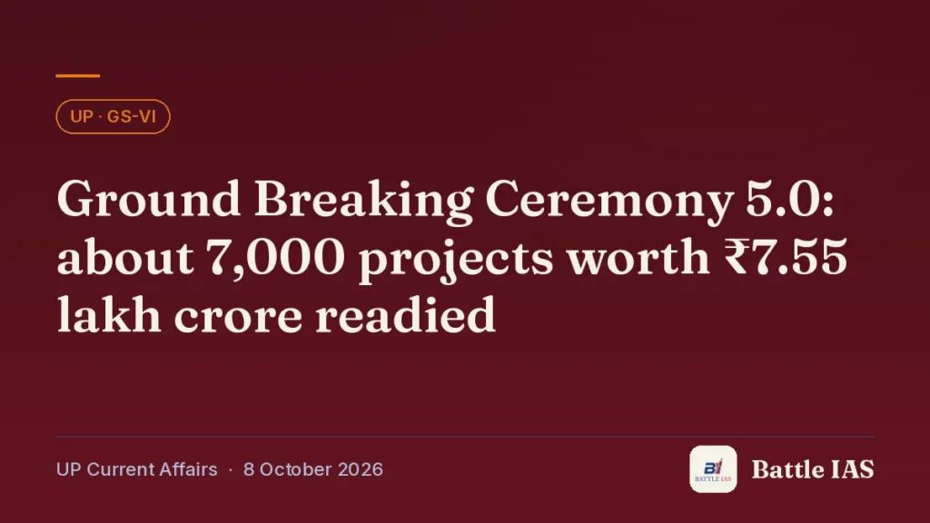 Battle IAS UP current affairs title card: Ground Breaking Ceremony 5.0: about 7,000 projects worth ₹7.55 lakh crore readied (, 8 October 2026)