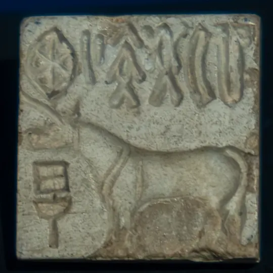A steatite seal with the one-horned'unicorn'and a line of Harappan script, the most common seal type
