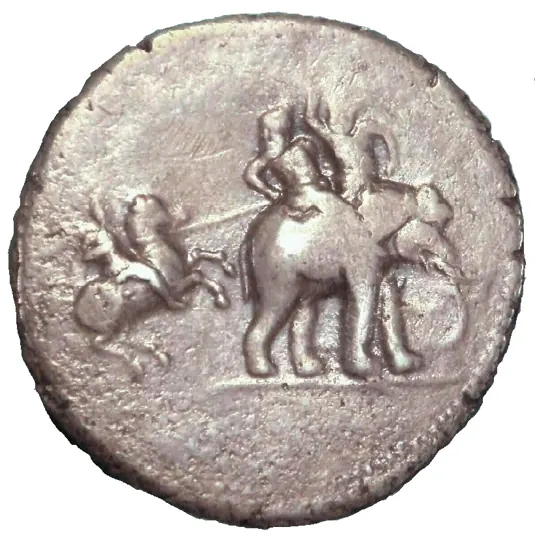 A silver coin of Alexander struck in Babylon about 322 BCE. The horseman attacking a king on an elephant is usually identified as the battle with Porus