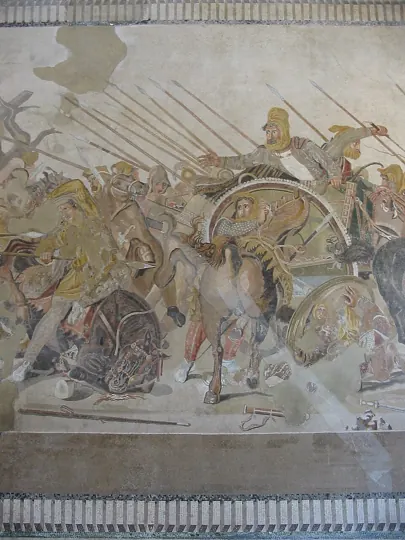 Darius III in his chariot, a detail of the Alexander Mosaic from Pompeii (Naples National Archaeological Museum). Alexander's victories over Darius ended Persian rule and opened the way east