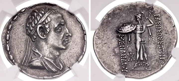 Silver coin of Menander: his portrait with a Greek legend, and the goddess Athena with a Kharoshthi legend