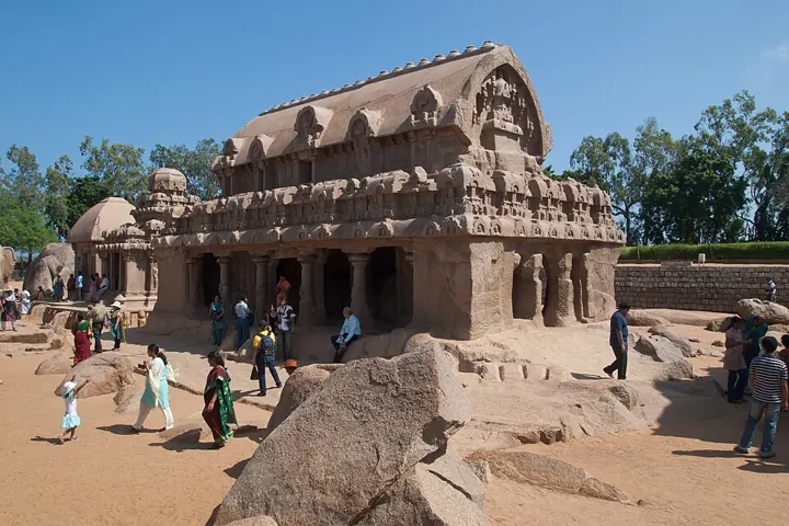 One of the rathas at Mamallapuram, each carved from a single rock under Narasimhavarman I (7th century)