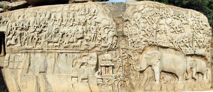 The'Descent of the Ganga'(Arjuna's Penance) at Mamallapuram, a giant Pallava relief carved on two