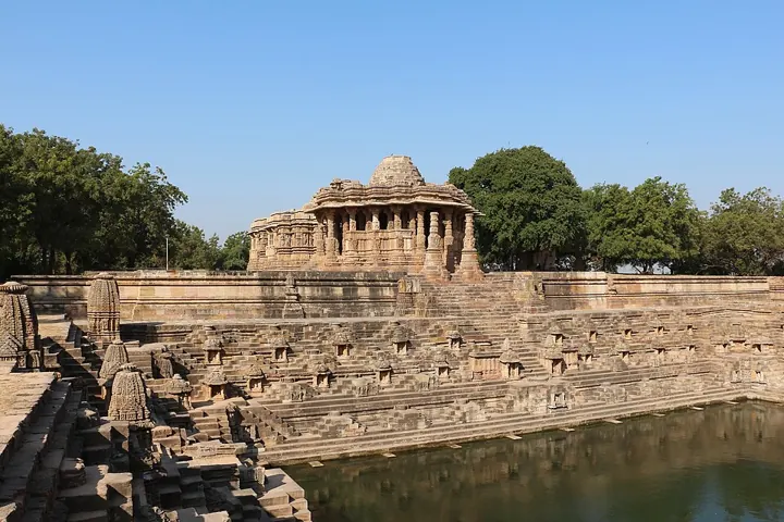 The Sun temple at Modhera, Gujarat, with its stepped tank, built under the Chaulukya (Solanki) king Bhima I (1026–27)