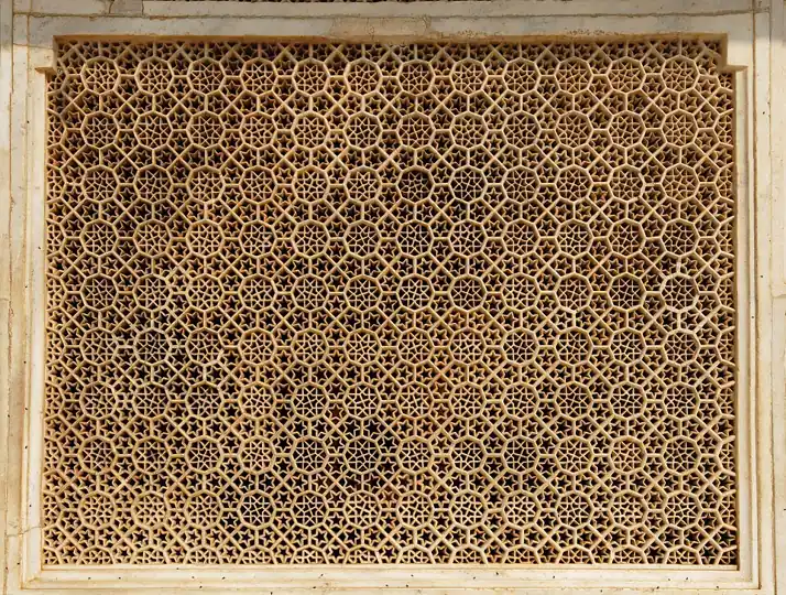 A marble jali (lattice screen) at Shaikh Salim Chishti's tomb. Devotees tie threads to such screens when they make a wish
