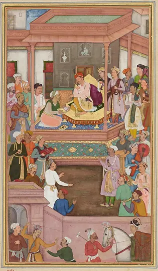 Abul Fazl presents the Akbarnama to Akbar. Mughal painting attributed to about 1603–05