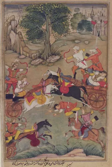 Karna slays the Kaikeya prince Vishoka: a page from an illustrated Razmnama made for Akbar