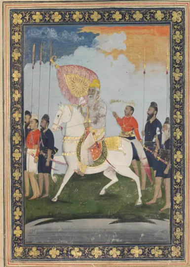 Maharaja Ranjit Singh on horseback with his retinue, a Punjab painting of about 1820–30