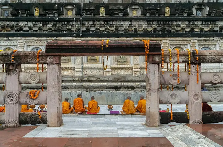 Monks meditating at the Mahabodhi Temple, Bodh Gaya
