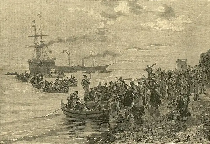 The Thousand embark at Quarto, May 1860 (engraving, 1888)