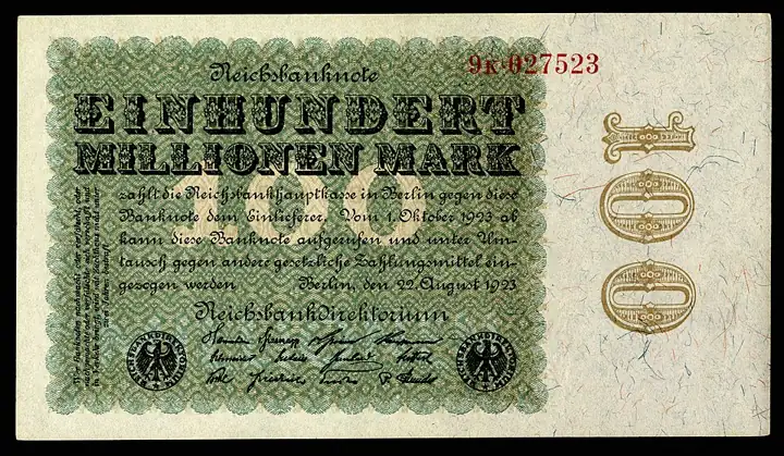 A 100-million-mark note of 1923, the year of hyperinflation