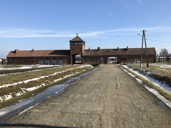 The entrance building of Auschwitz-Birkenau, the largest Nazi death camp