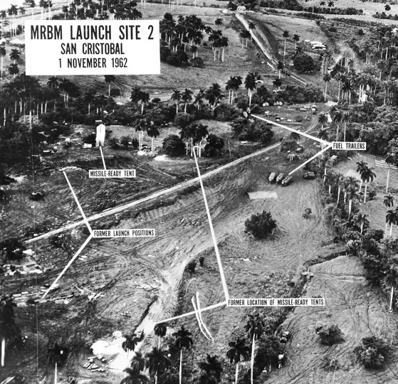 US reconnaissance photograph of a Soviet missile site at San Cristobal, Cuba, November 1962