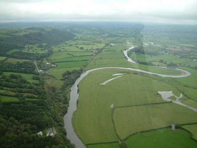 A meandering river and a cut-off loop (oxbow lake), River Towy, Wales