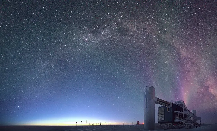 The IceCube Laboratory at the South Pole; the detector lies deep in the ice below