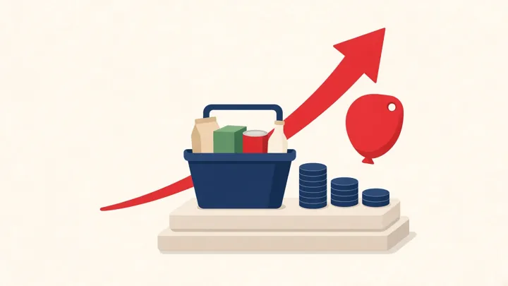 Concept illustration of inflation: a basket of goods while the stack of coins needed keeps changing and prices rise