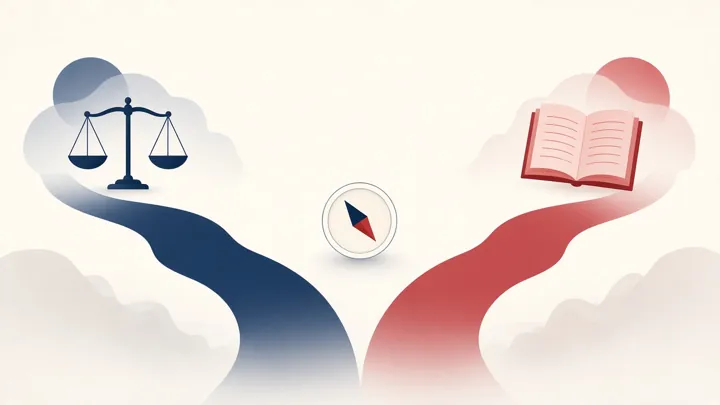 Concept illustration of an ethical dilemma: a compass between two paths, one marked by scales of justice and one by a rulebook