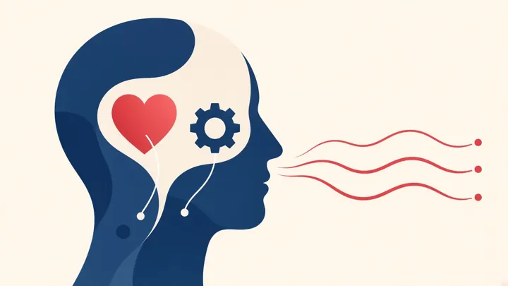 Concept illustration of emotional intelligence: a head silhouette holding a heart and a gear in balance