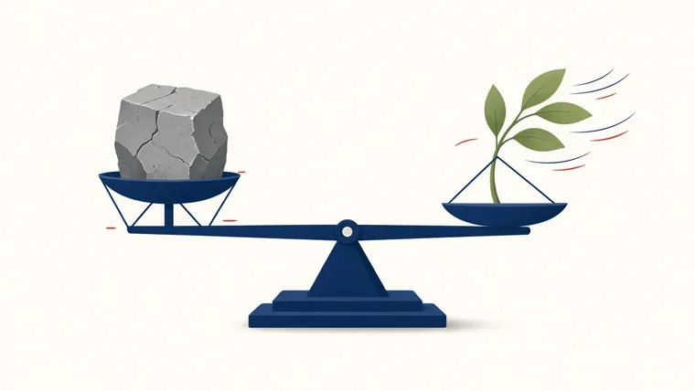 Concept illustration: a balance scale holding a heavy stone block on one side and a bending green sapling on the other, showing a constitution balanced between rigidity and flexibility